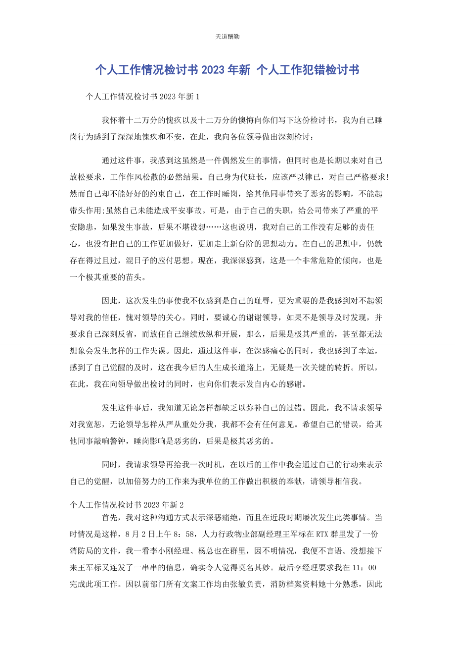 2023年个人工作情况检讨书新 个人工作犯错检讨书.docx_第1页