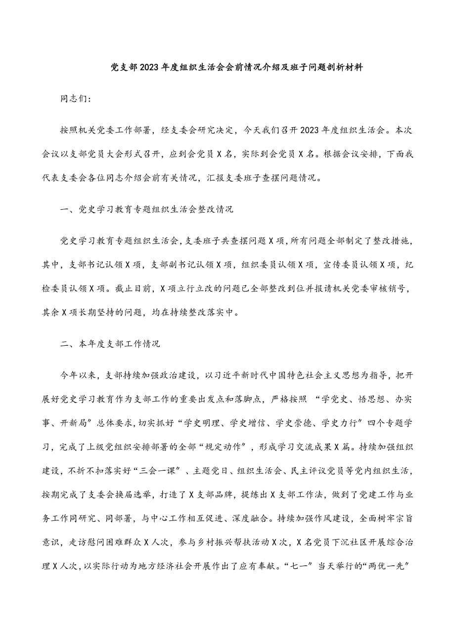 党支部2023年度组织生活会会前情况介绍及班子问题剖析材料.docx_第1页