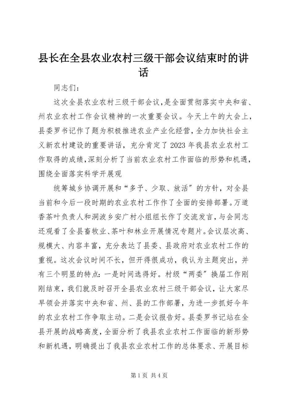 2023年县长在全县农业农村三级干部会议结束时的致辞.docx_第1页