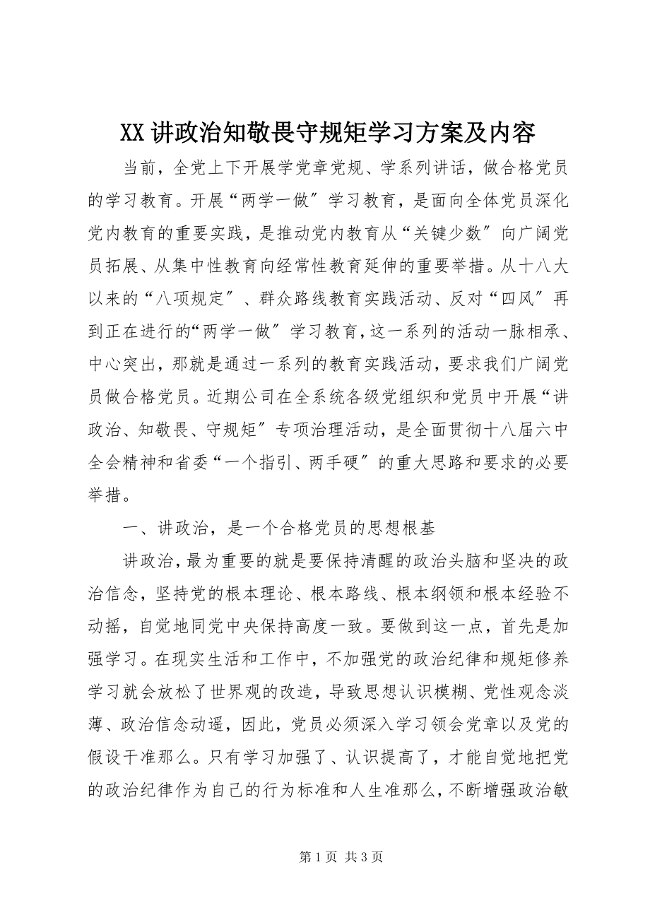 2023年XX讲政治知敬畏守规矩学习计划及内容.docx_第1页