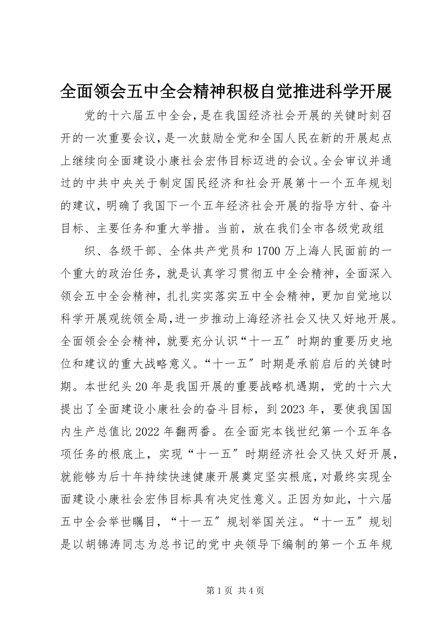 2023年全面领会五中全会精神积极自觉推进科学发展.docx_第1页