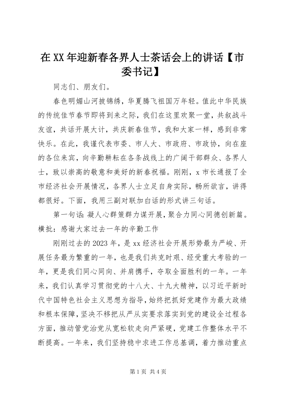 2023年在迎新春各界人士茶话会上的致辞市委书记.docx_第1页