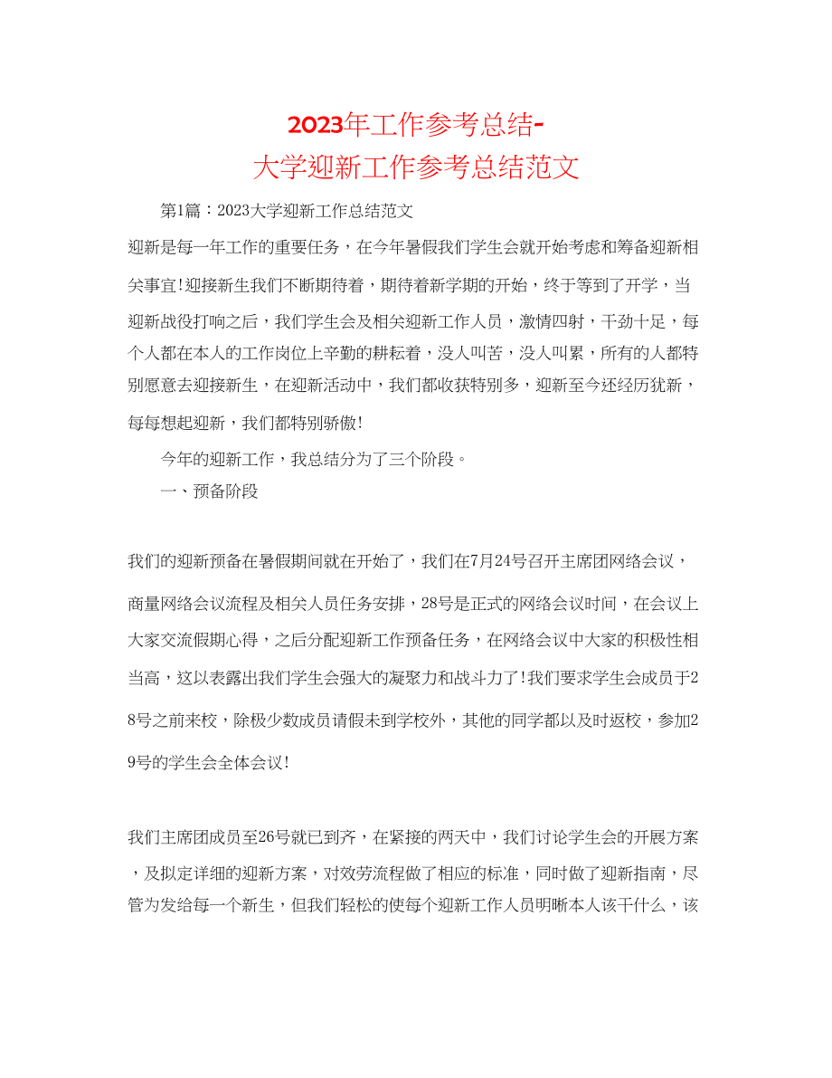 2023年工作总结精选大学迎新工作总结范文.docx_第1页