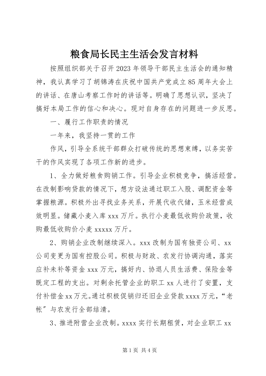 2023年粮食局长民主生活会讲话材料.docx_第1页