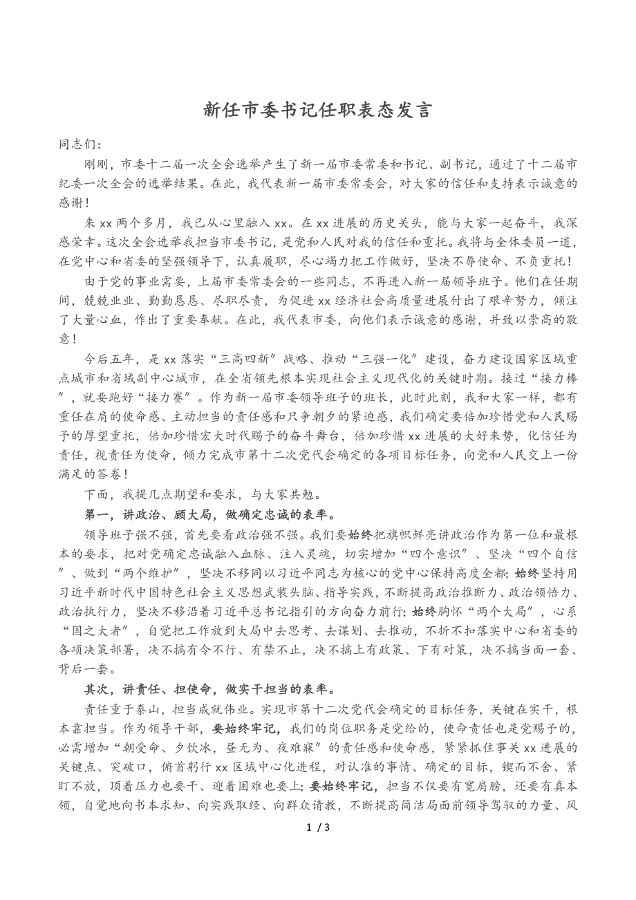 2023年新任市委书记任职表态发言.doc_第1页