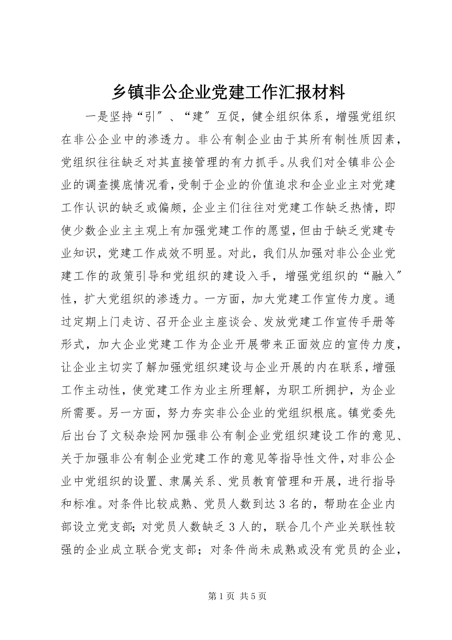 2023年乡镇非公企业党建工作汇报材料.docx_第1页