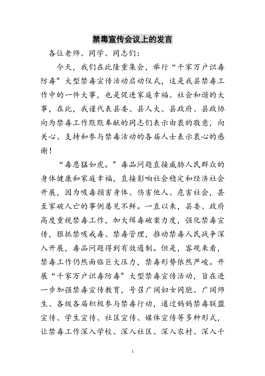 2023年禁毒宣传会议上的发言范文.doc_第1页