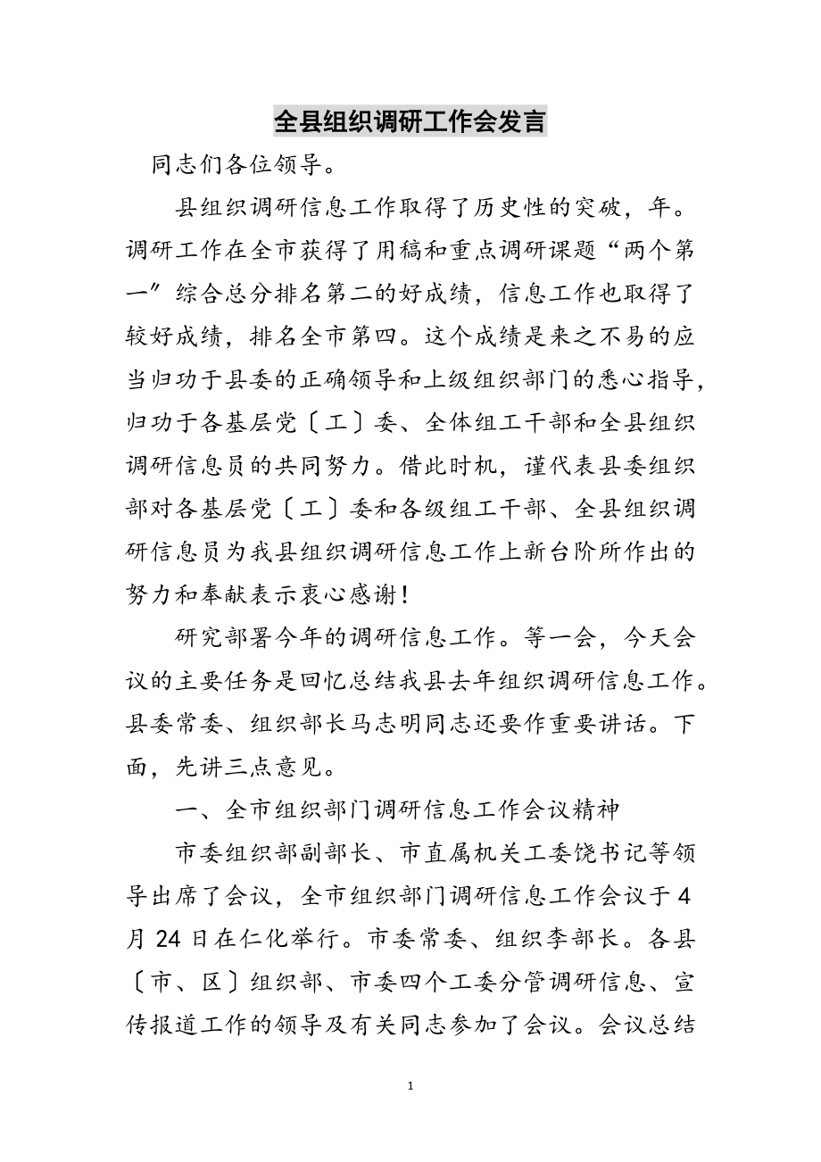 2023年全县组织调研工作会发言范文.doc_第1页