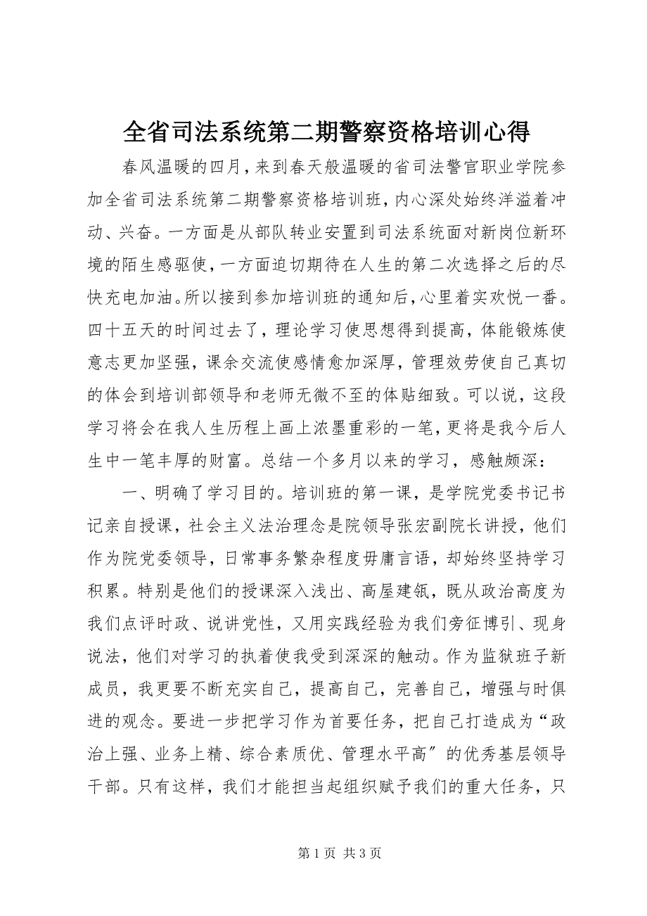 2023年全省司法系统第二期警察资格培训心得.docx_第1页