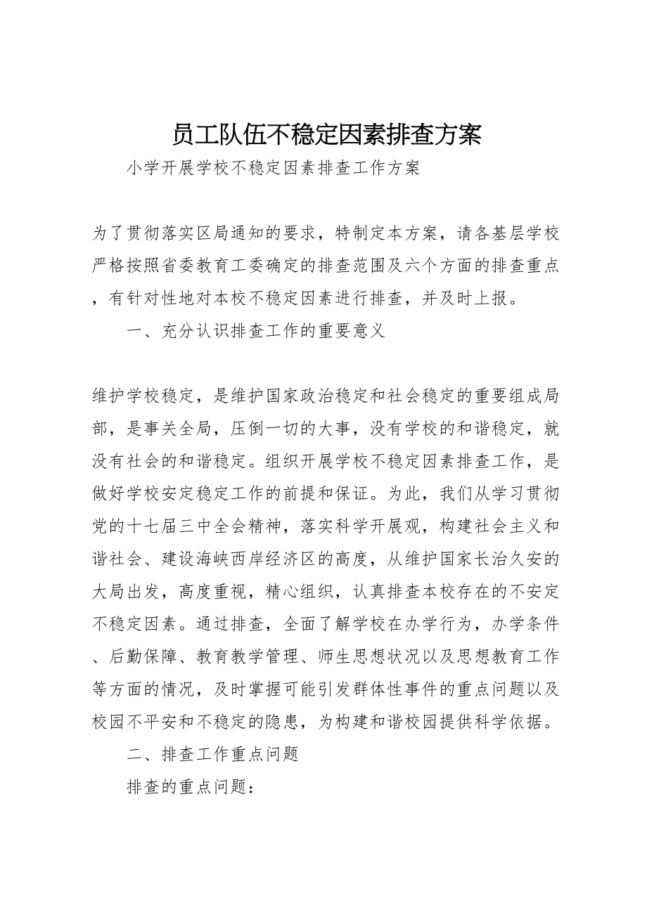 2023年员工队伍不稳定因素排查方案 2.doc_第1页