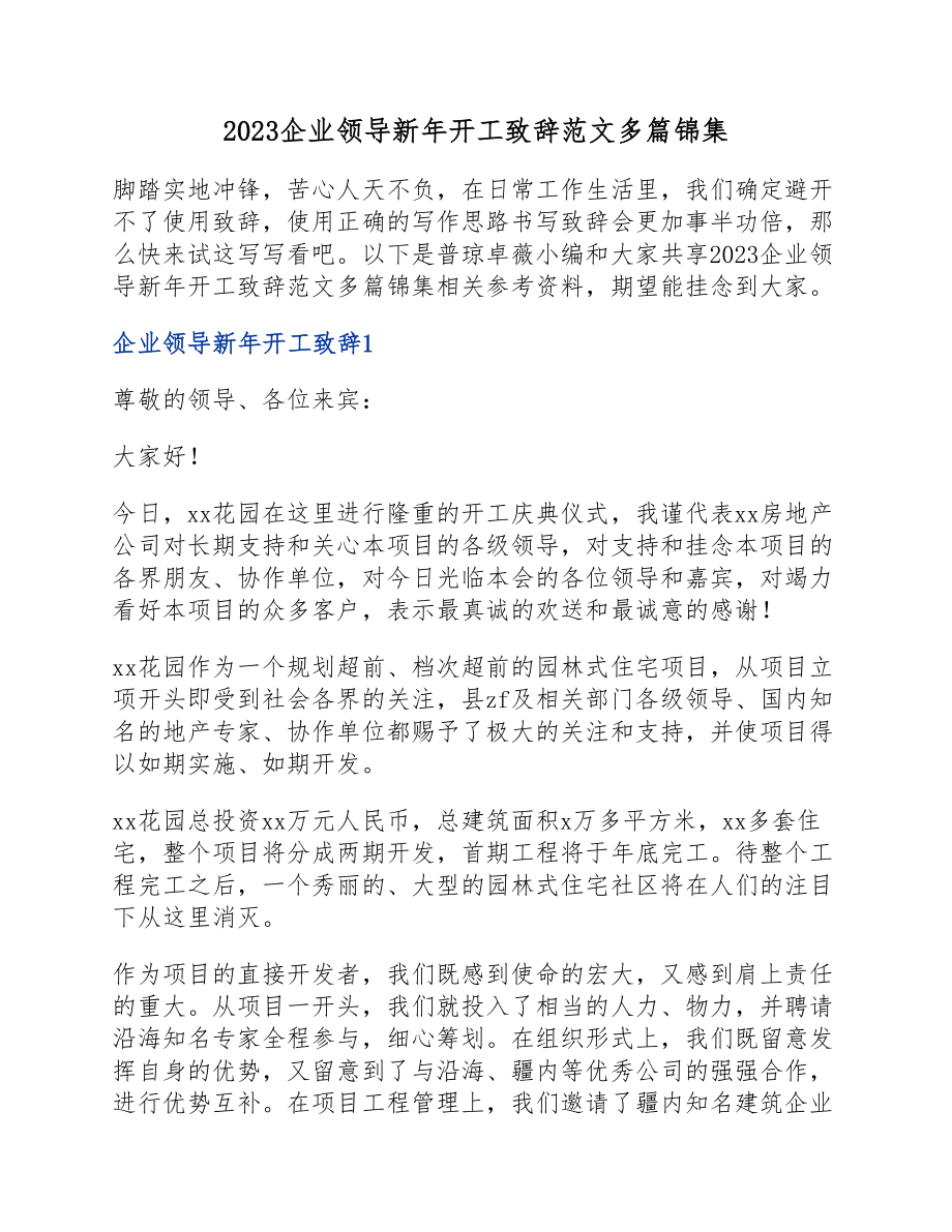 2023企业领导新年开工致辞.doc_第1页