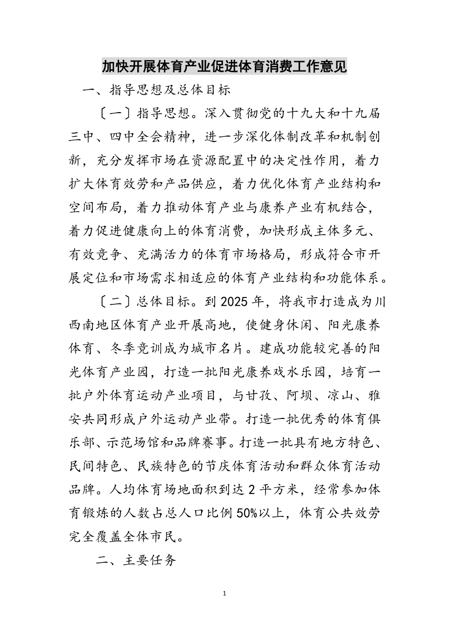 2023年加快发展体育产业促进体育消费工作意见范文.doc_第1页