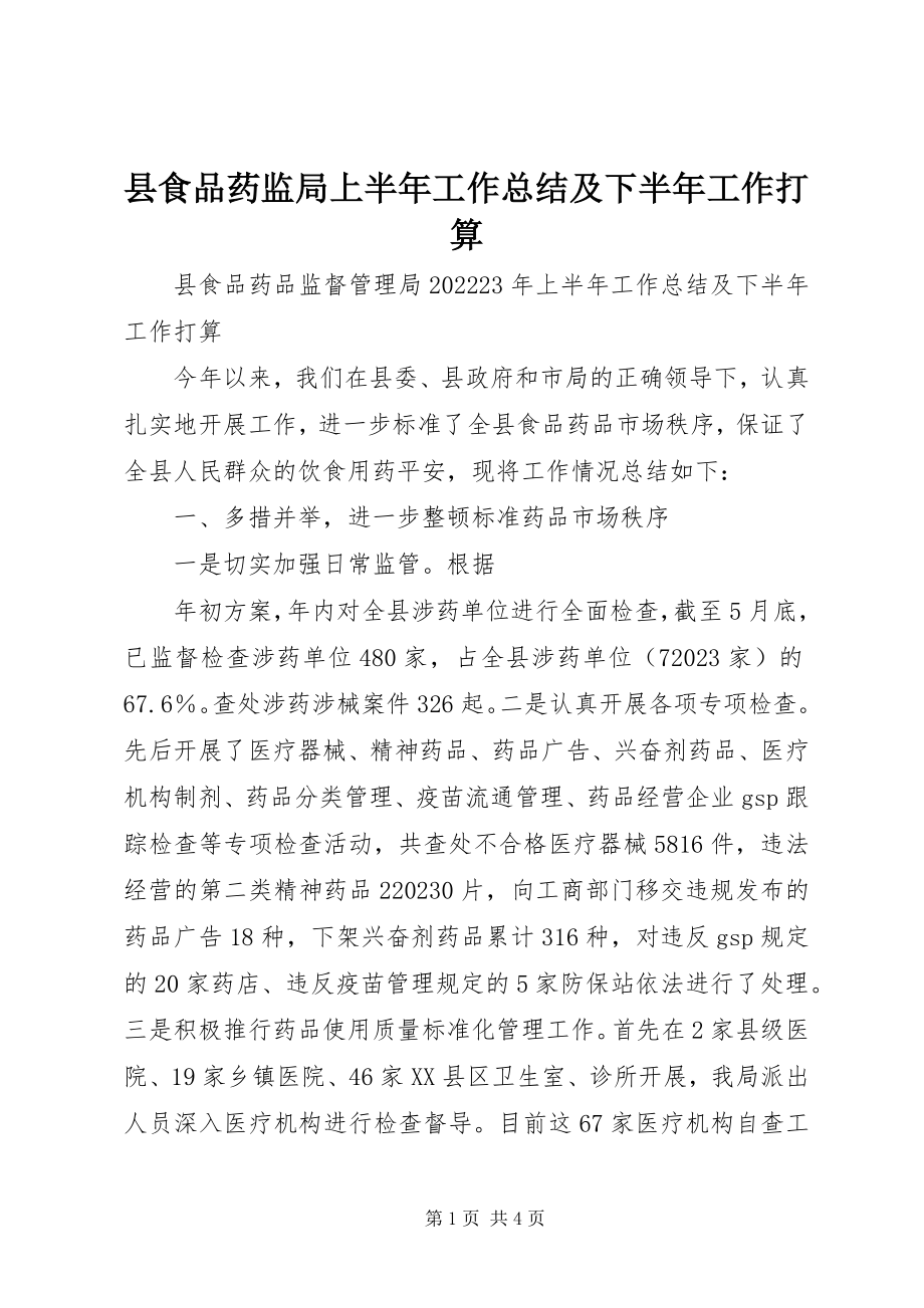 2023年县食品药监局上半年工作总结及下半年工作打算.docx_第1页