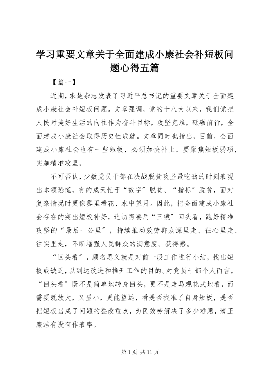 2023年学习重要文章《关于全面建成小康社会补短板问题》心得五篇.docx_第1页