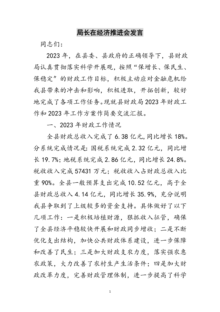 2023年局长在经济推进会发言范文.doc_第1页