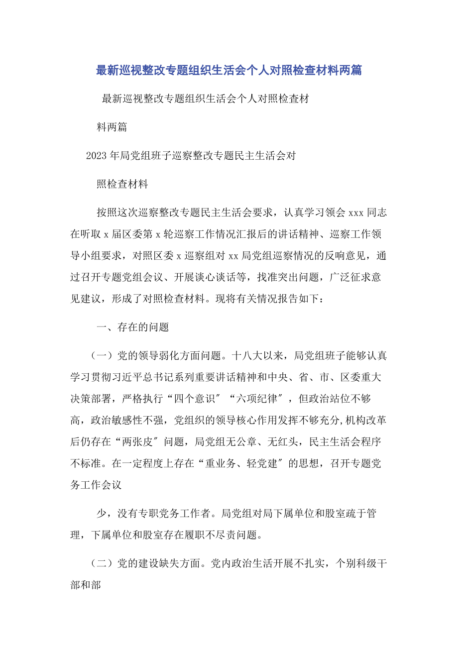 2023年巡视整改专题组织生活会个人对照检查材料两篇.docx_第1页