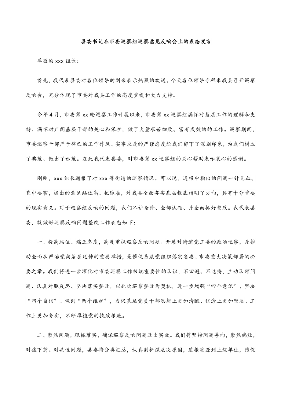 2023年县委书记在市委巡察组巡察意见反馈会上的表态发言.docx_第1页