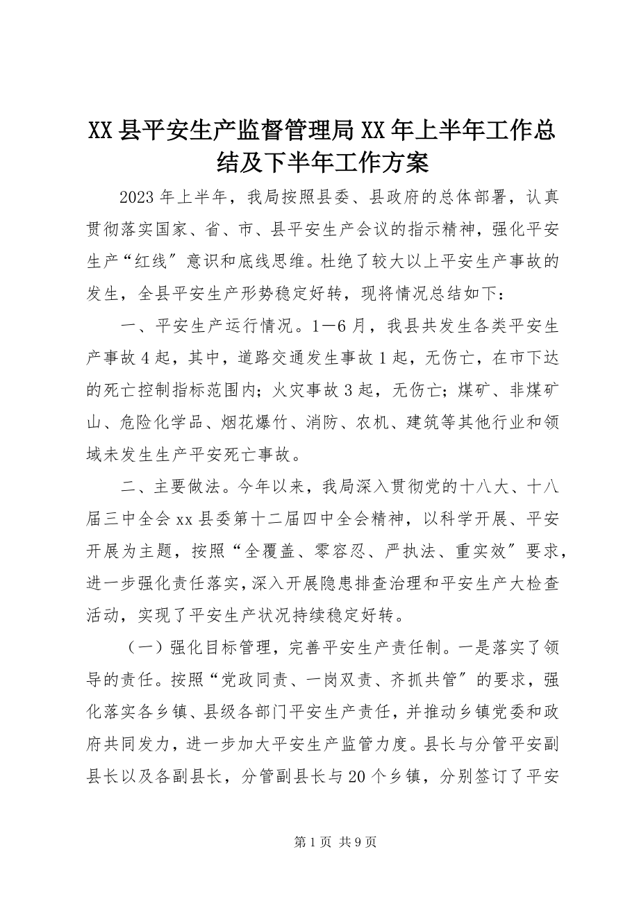 2023年XX县安全生产监督管理局上半年工作总结及下半年工作计划新编.docx_第1页