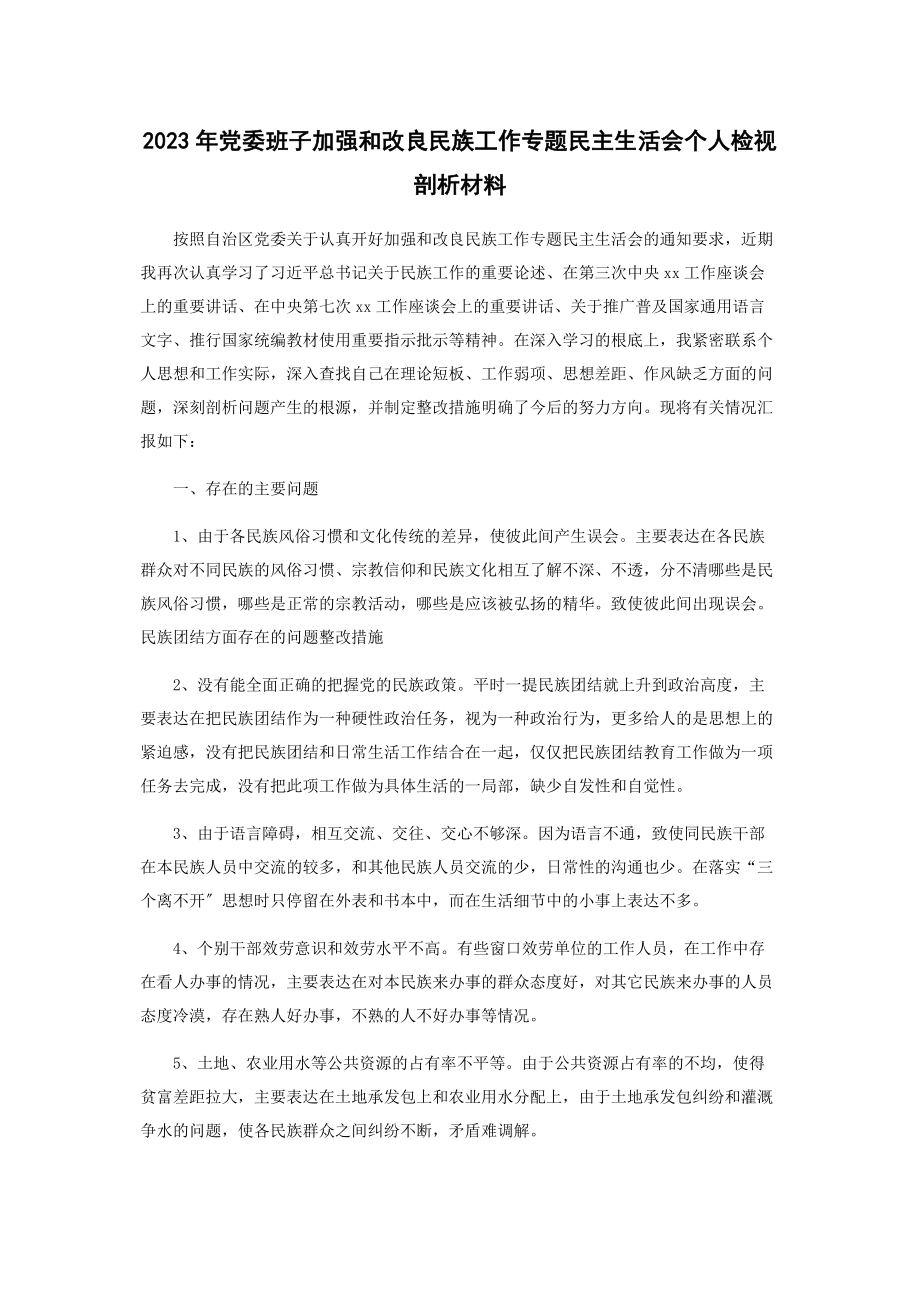 2023年党委班子加强和改进民族工作民主生活会个人检视剖析材料.docx_第1页