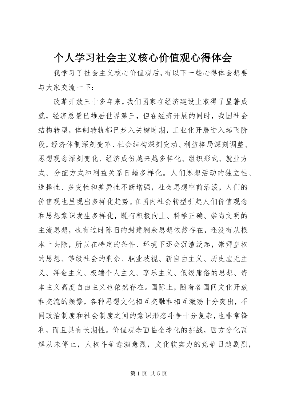 2023年个人学习社会主义核心价值观心得体会.docx_第1页