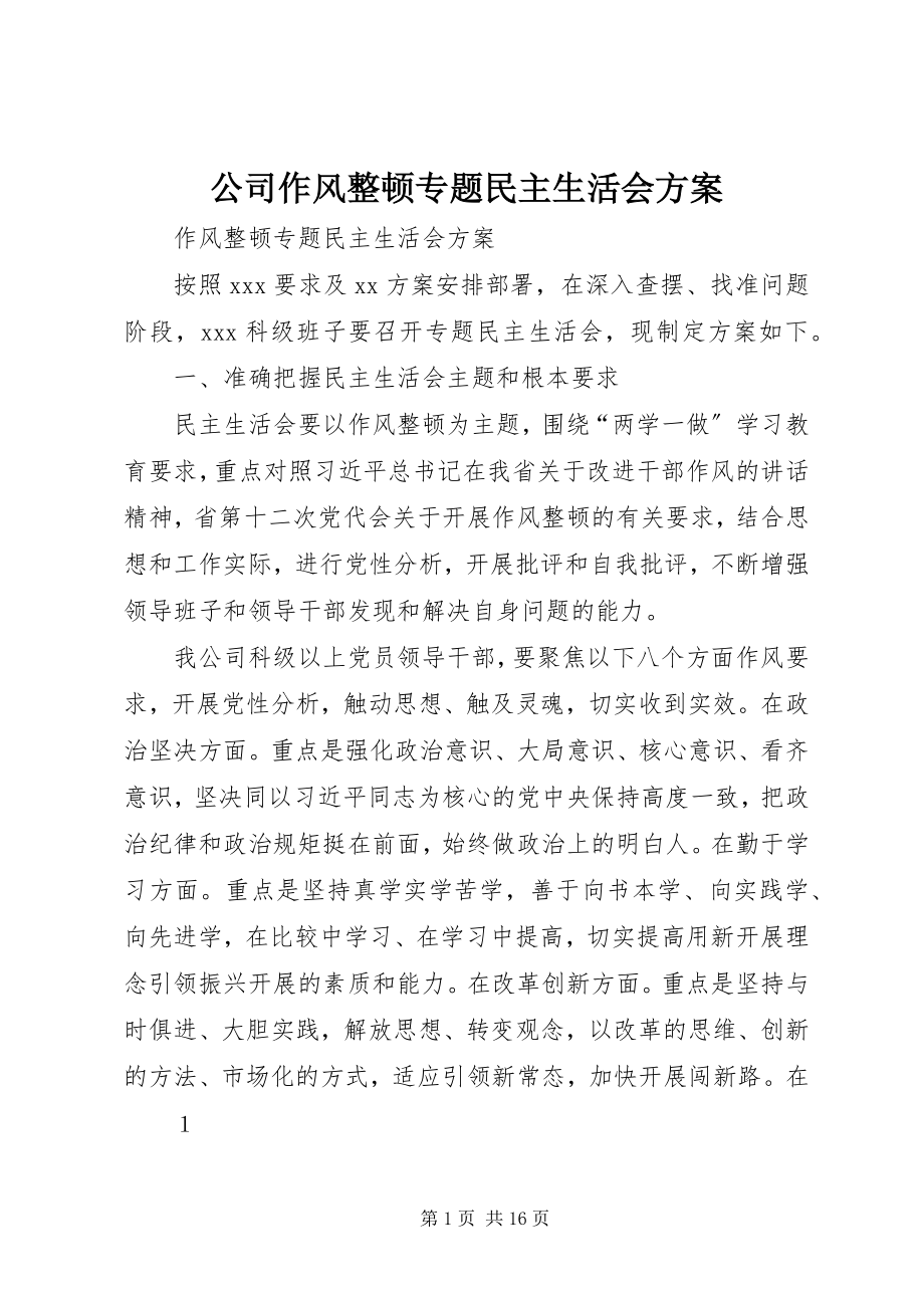 2023年公司作风整顿专题民主生活会方案.docx_第1页