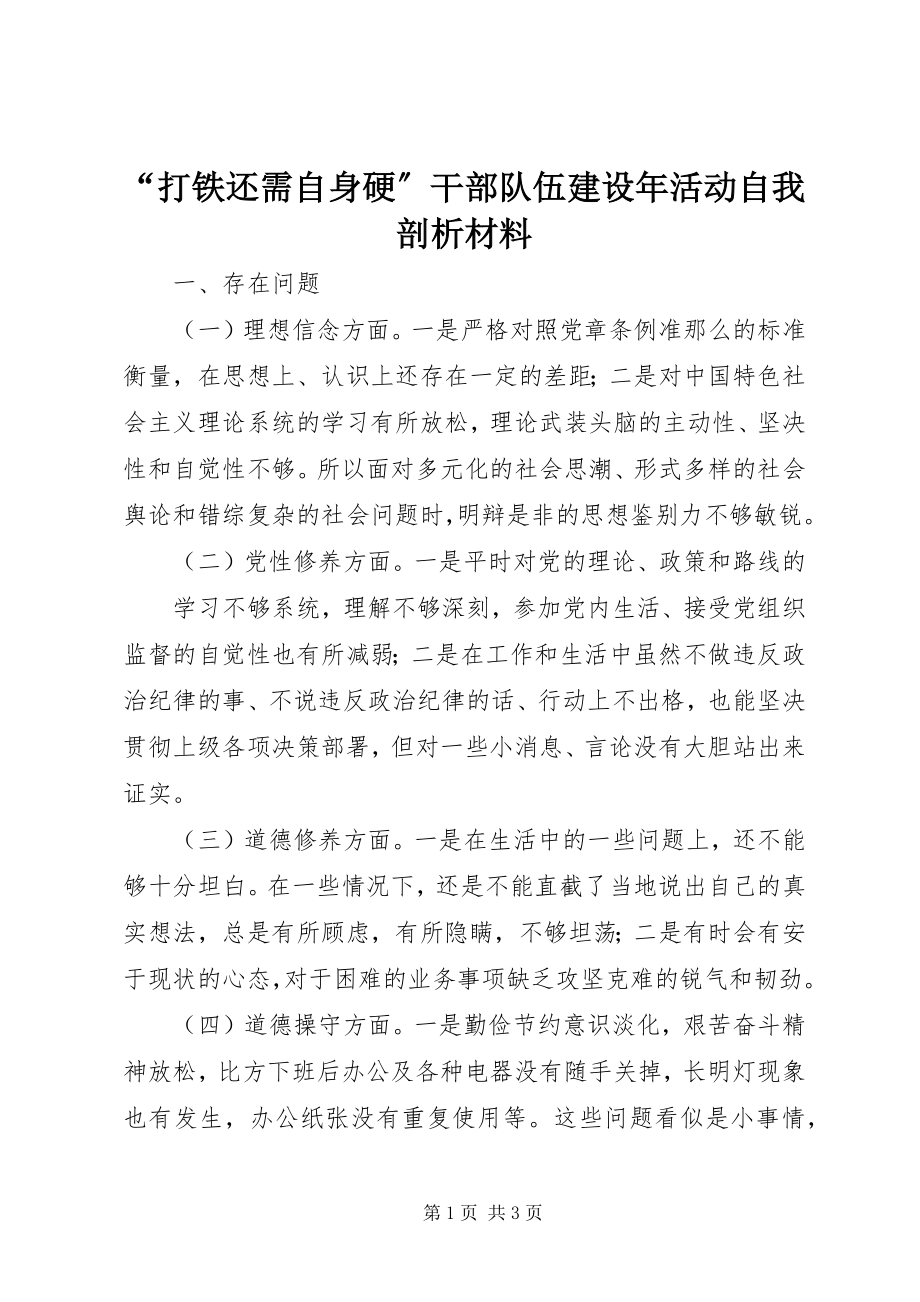 2023年打铁还需自身硬干部队伍建设年活动自我剖析材料.docx_第1页