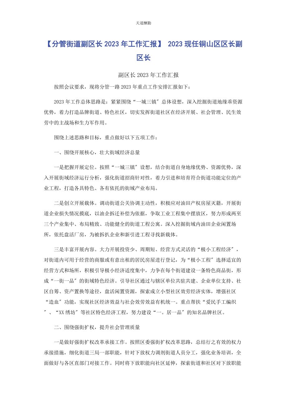 2023年分管街道副区长工作汇报 现任铜山区区长副区长.docx_第1页