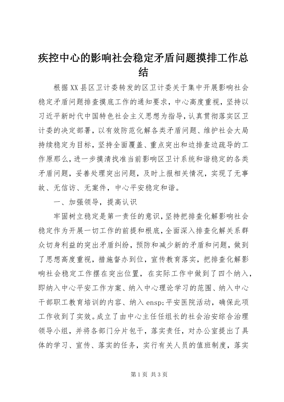 2023年疾控中心的影响社会稳定矛盾问题摸排工作总结.docx_第1页