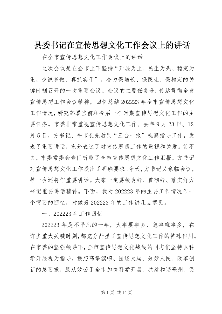 2023年县委书记在宣传思想文化工作会议上的致辞.docx_第1页