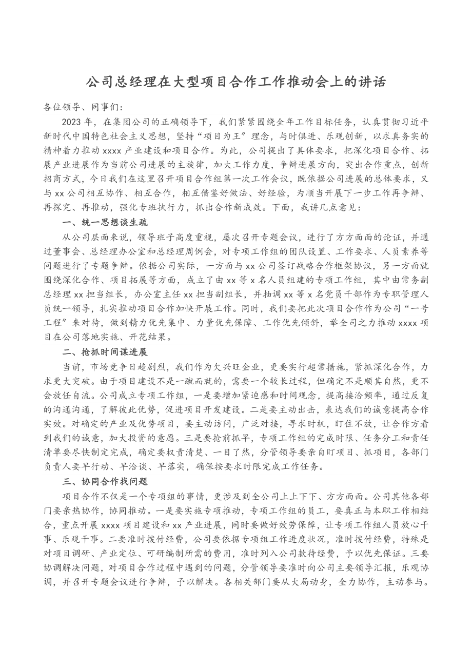 2023年公司总经理在大型项目合作工作推进会上的讲话.doc_第1页