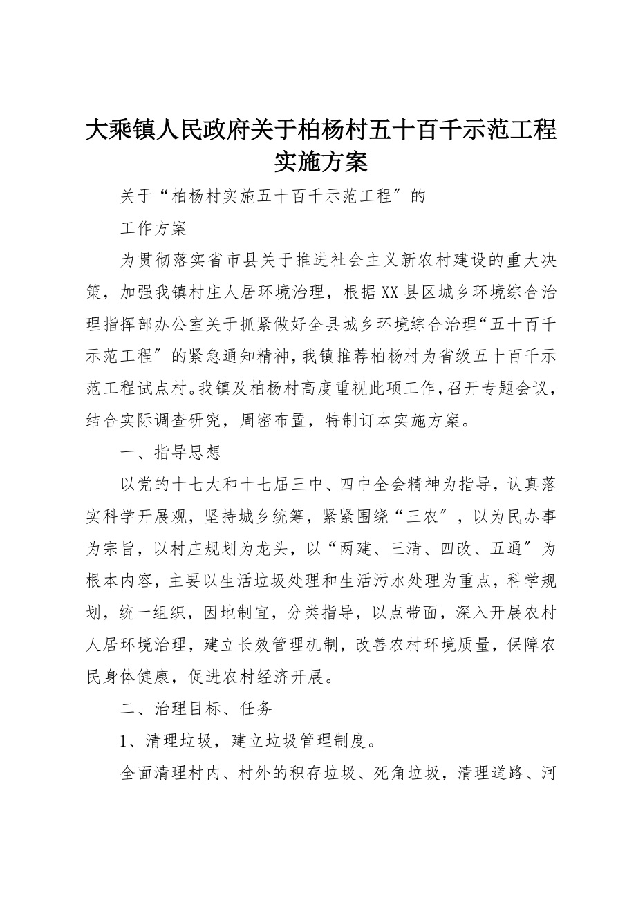 2023年大乘镇人民政府关于柏杨村五十百千示范工程实施方案.docx_第1页