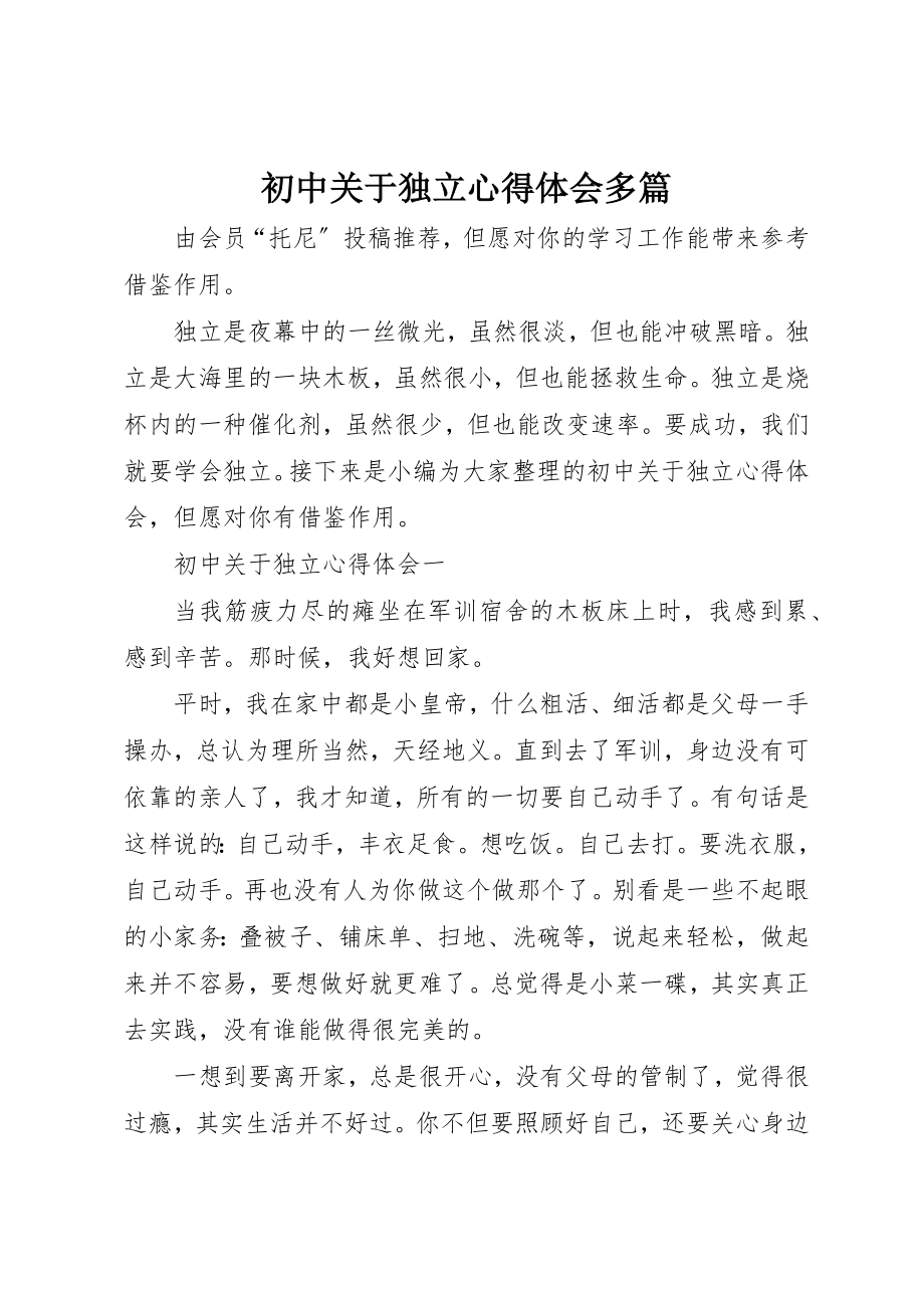 2023年初中关于独立心得体会多篇.docx_第1页