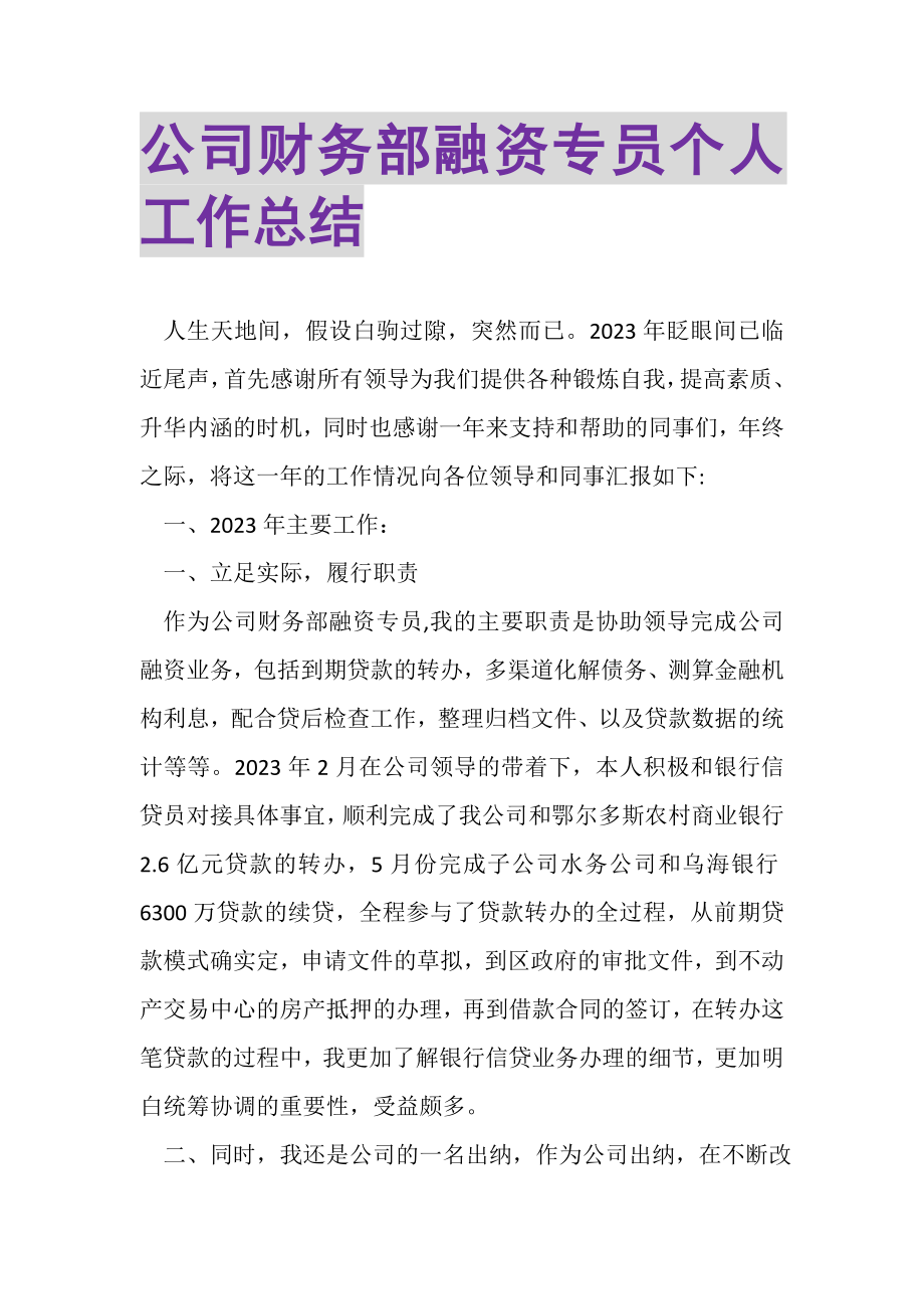 2023年公司财务部融资专员个人工作总结.doc_第1页