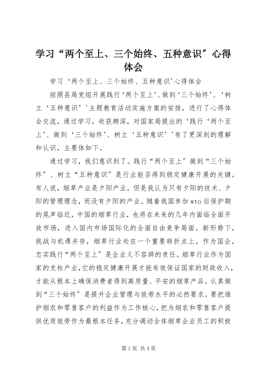 2023年学习“两个至上三个始终五种意识”心得体会.docx_第1页