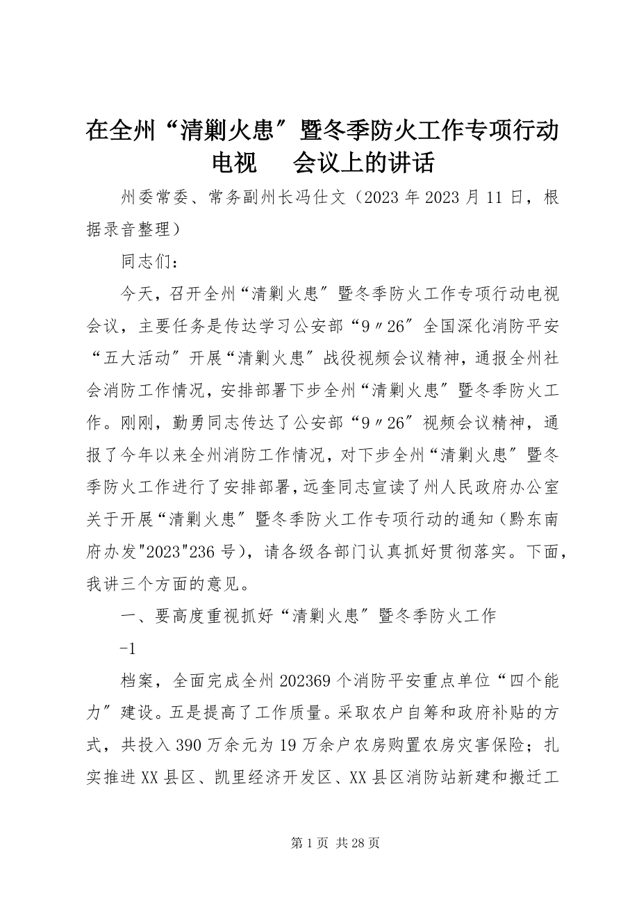 2023年在全州“清剿火患”暨冬季防火工作专项行动电视电话会议上的致辞.docx_第1页