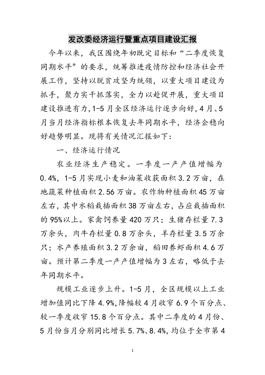 2023年发改委经济运行暨重点项目建设汇报范文.doc_第1页