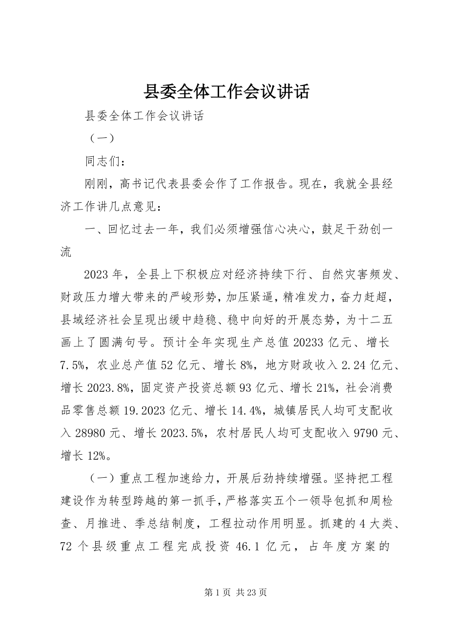 2023年县委全体工作会议致辞.docx_第1页