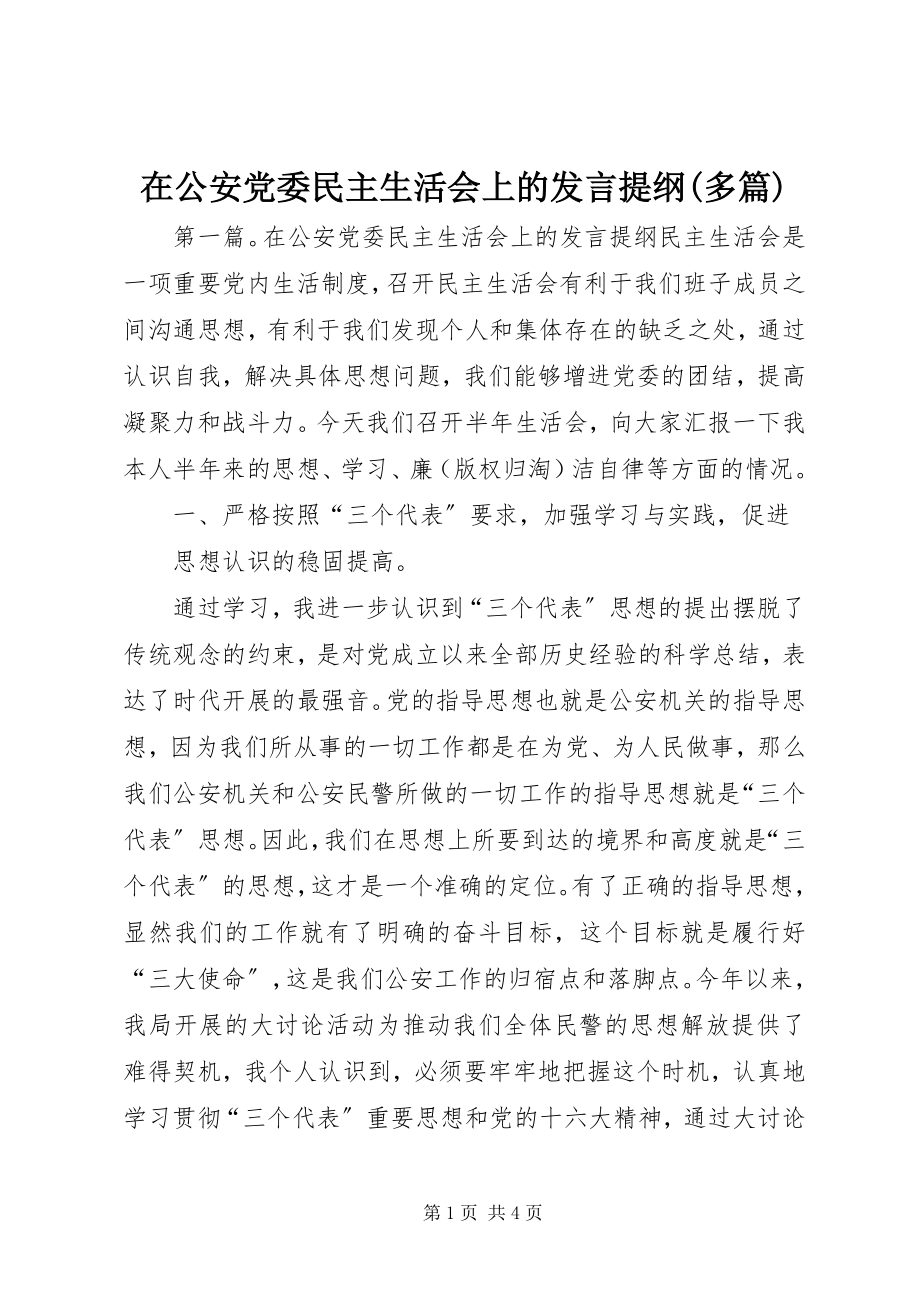 2023年在公安党委民主生活会上的讲话提纲多篇.docx_第1页