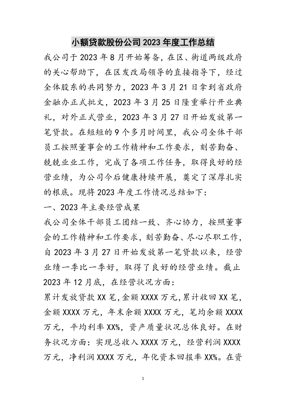 2023年小额贷款股份公司年度工作总结范文.doc_第1页