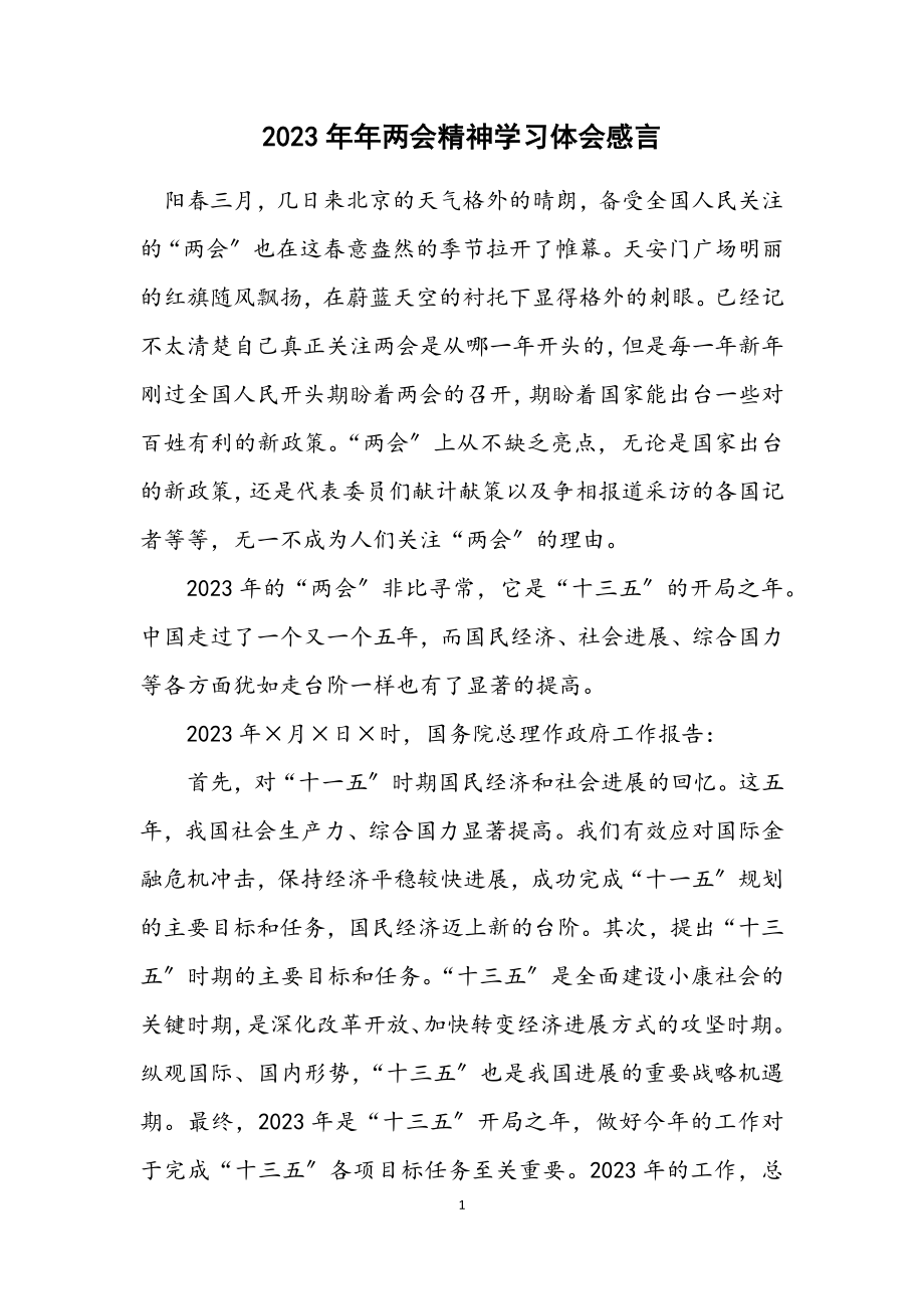 2023年两会精神学习体会感言.docx_第1页