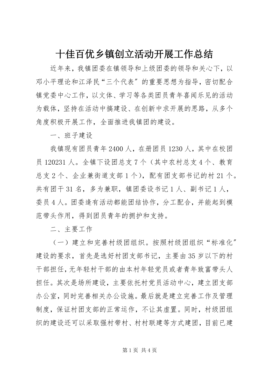 2023年十佳百优乡镇创建活动开展工作总结.docx_第1页