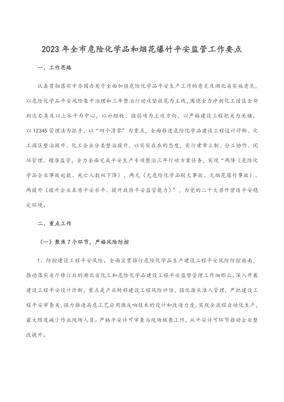 2023年全市危险化学品和烟花爆竹安全监管工作要点.docx_第1页