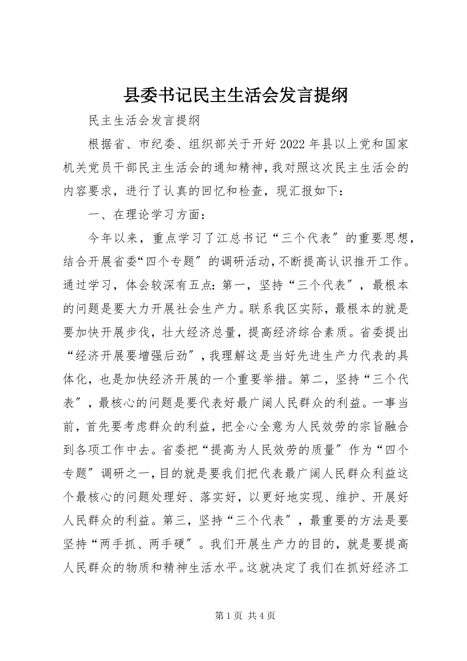 2023年县委书记民主生活会讲话提纲.docx_第1页