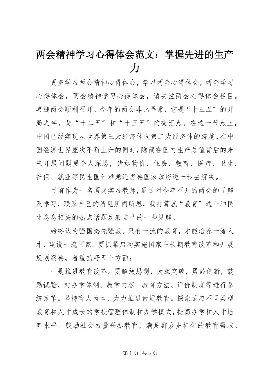 2023年两会精神学习心得体会掌握先进的生产力.docx_第1页