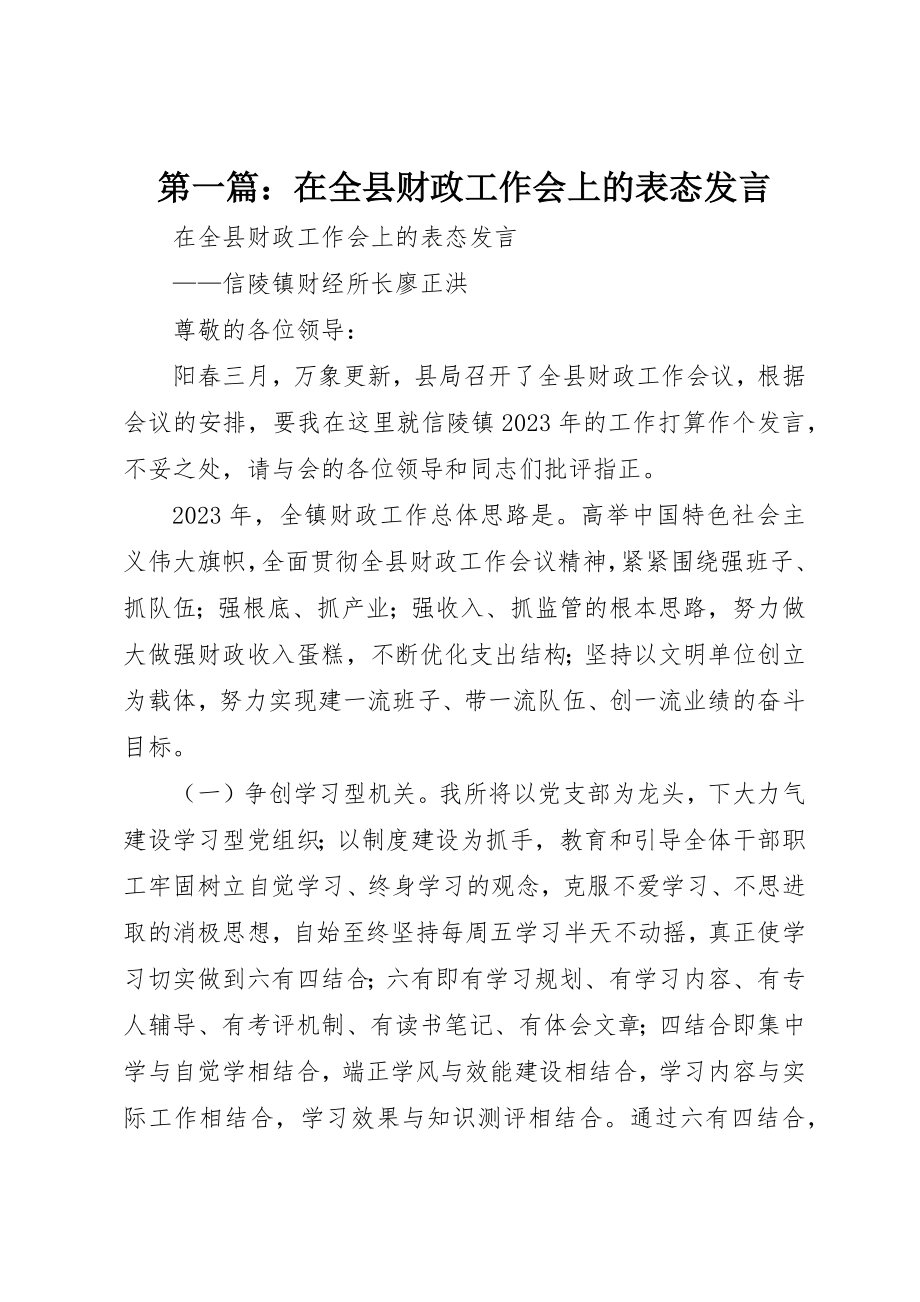 2023年xx在全县财政工作会上的表态讲话新编.docx_第1页