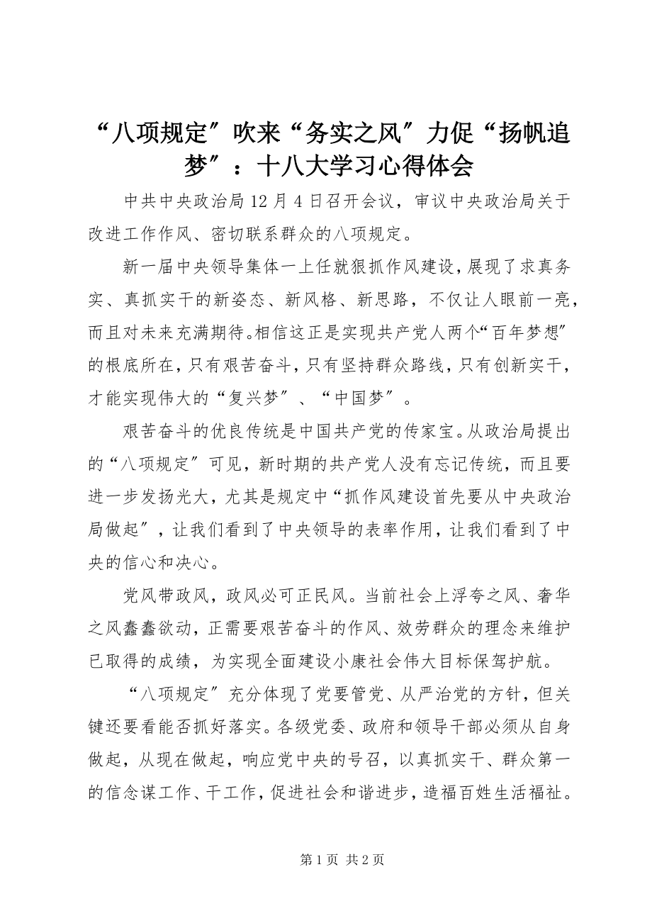 2023年八项规吹来务实之风力促扬帆追梦十八大学习心得体会.docx_第1页