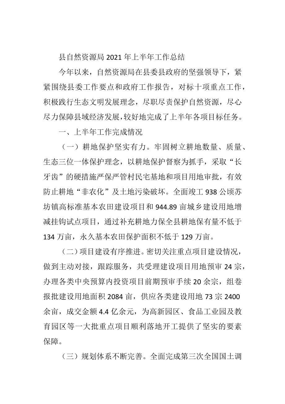 县自然资源局 2021年上半年工作总结.doc_第1页