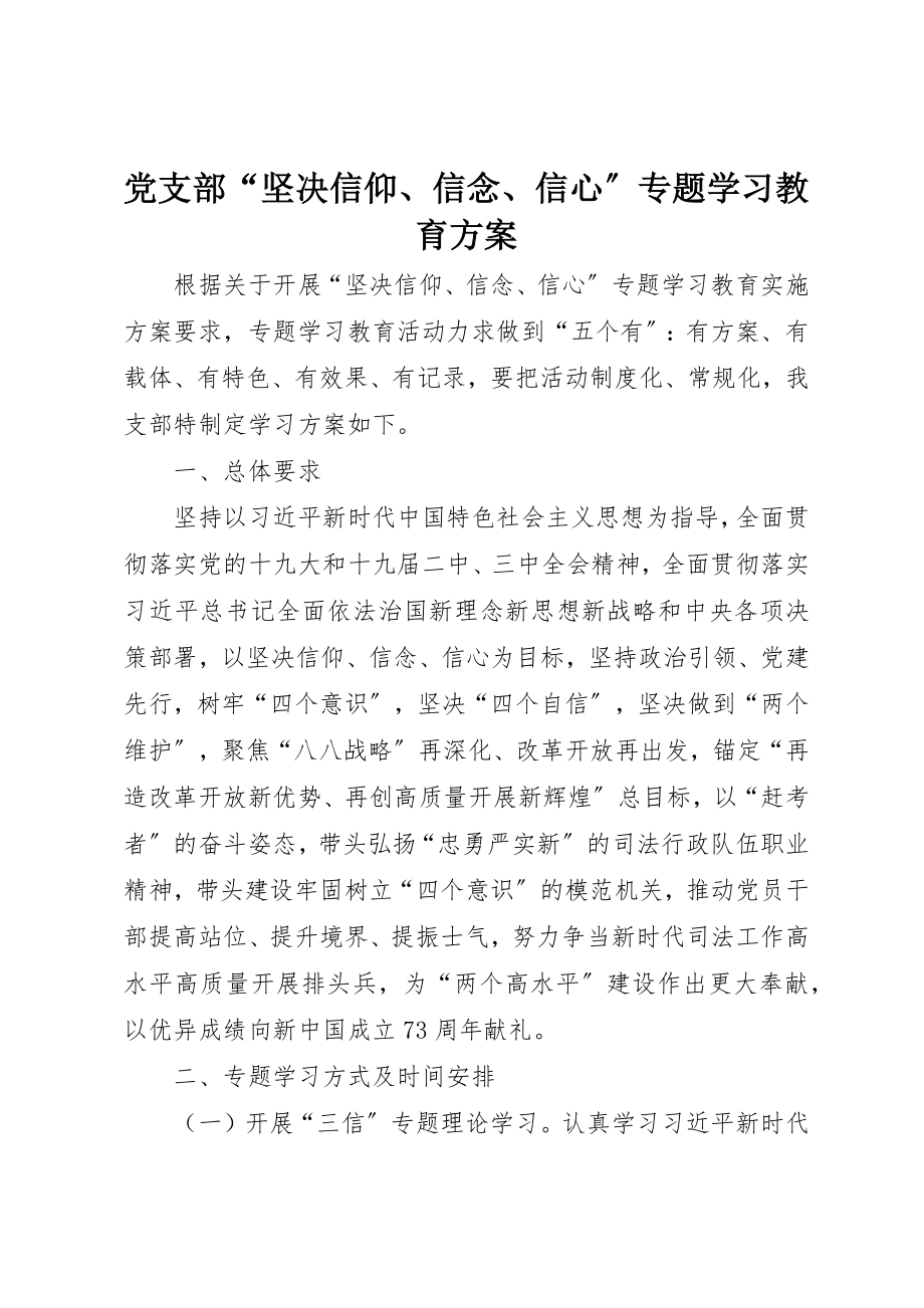 2023年党支部“坚定信仰、信念、信心”专题学习教育计划.docx_第1页