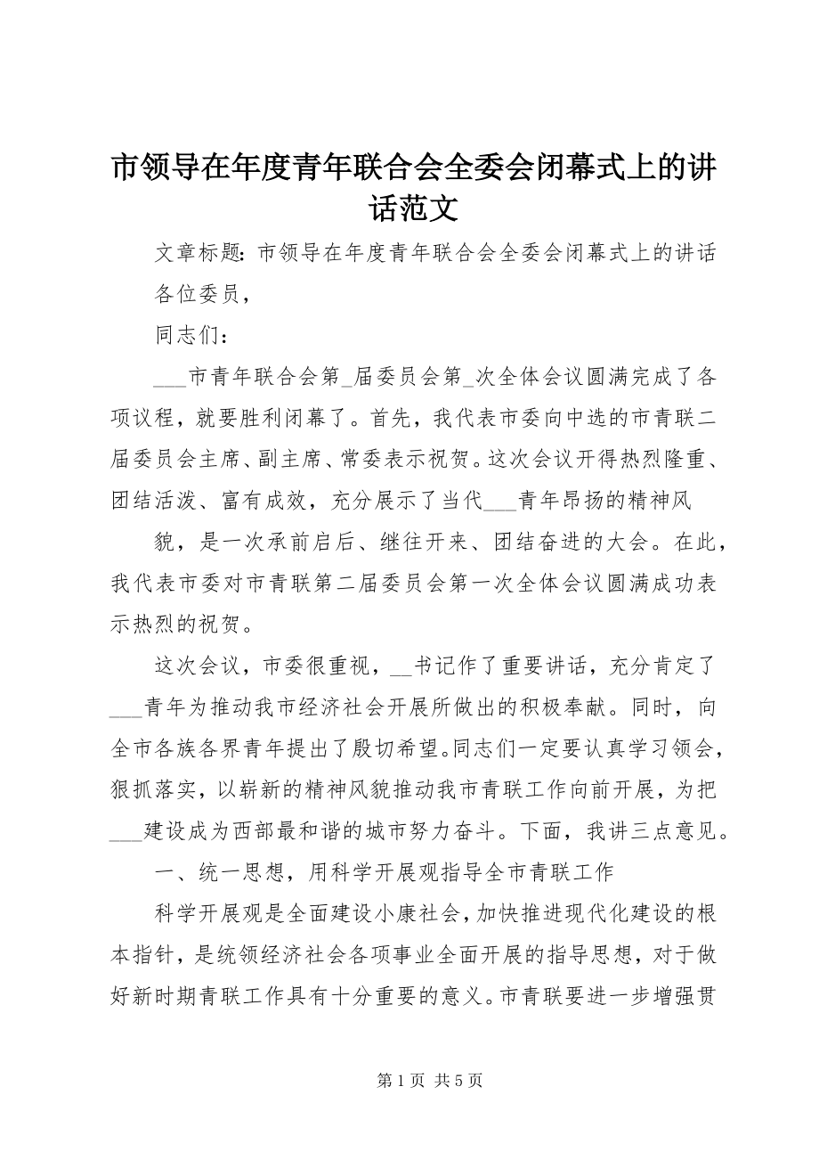 2023年市领导在年度青年联合会全委会闭幕式上的致辞2.docx_第1页