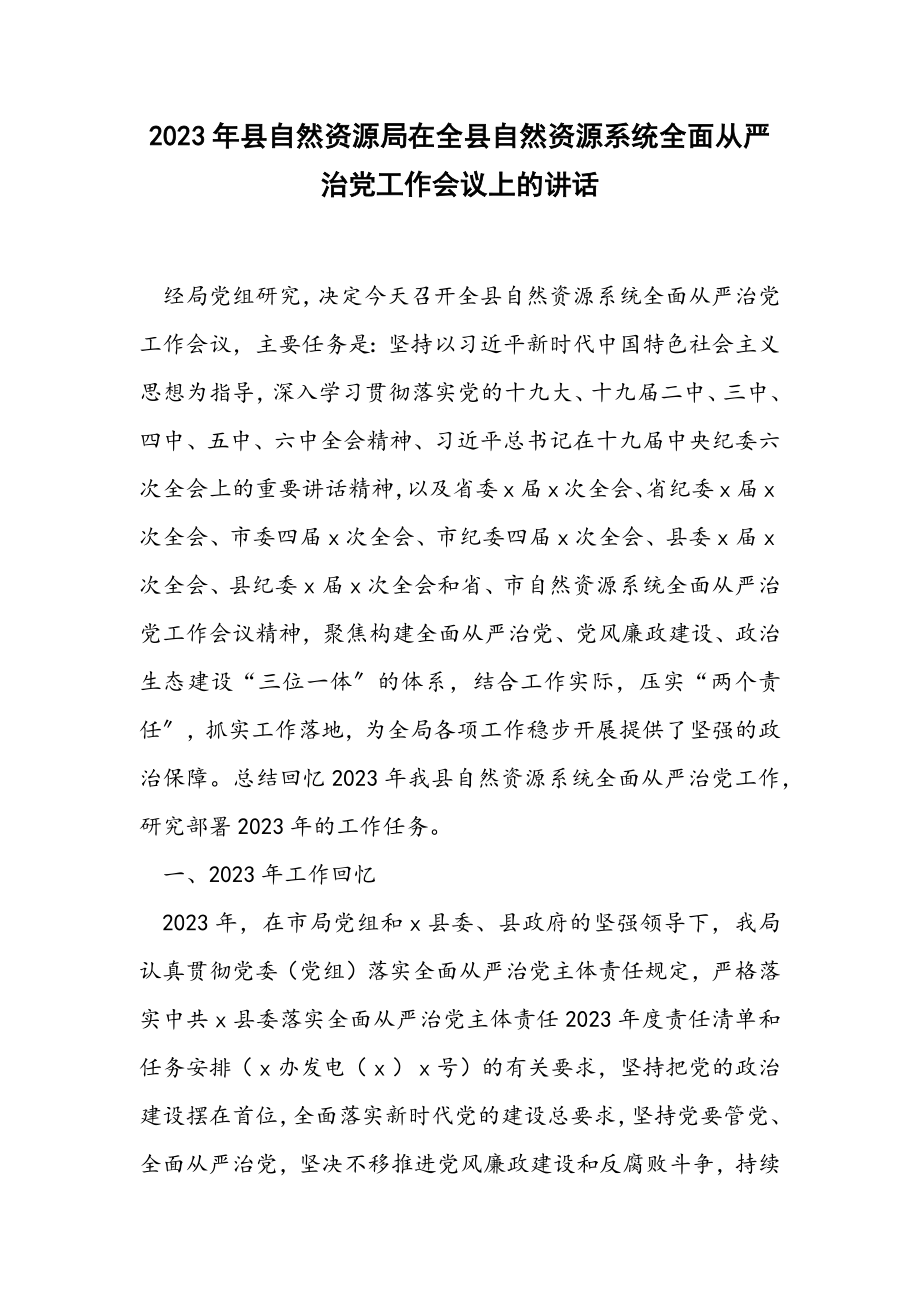 2023年县自然资源局在全县自然资源系统全面从严治党工作会议上的讲话.docx_第1页